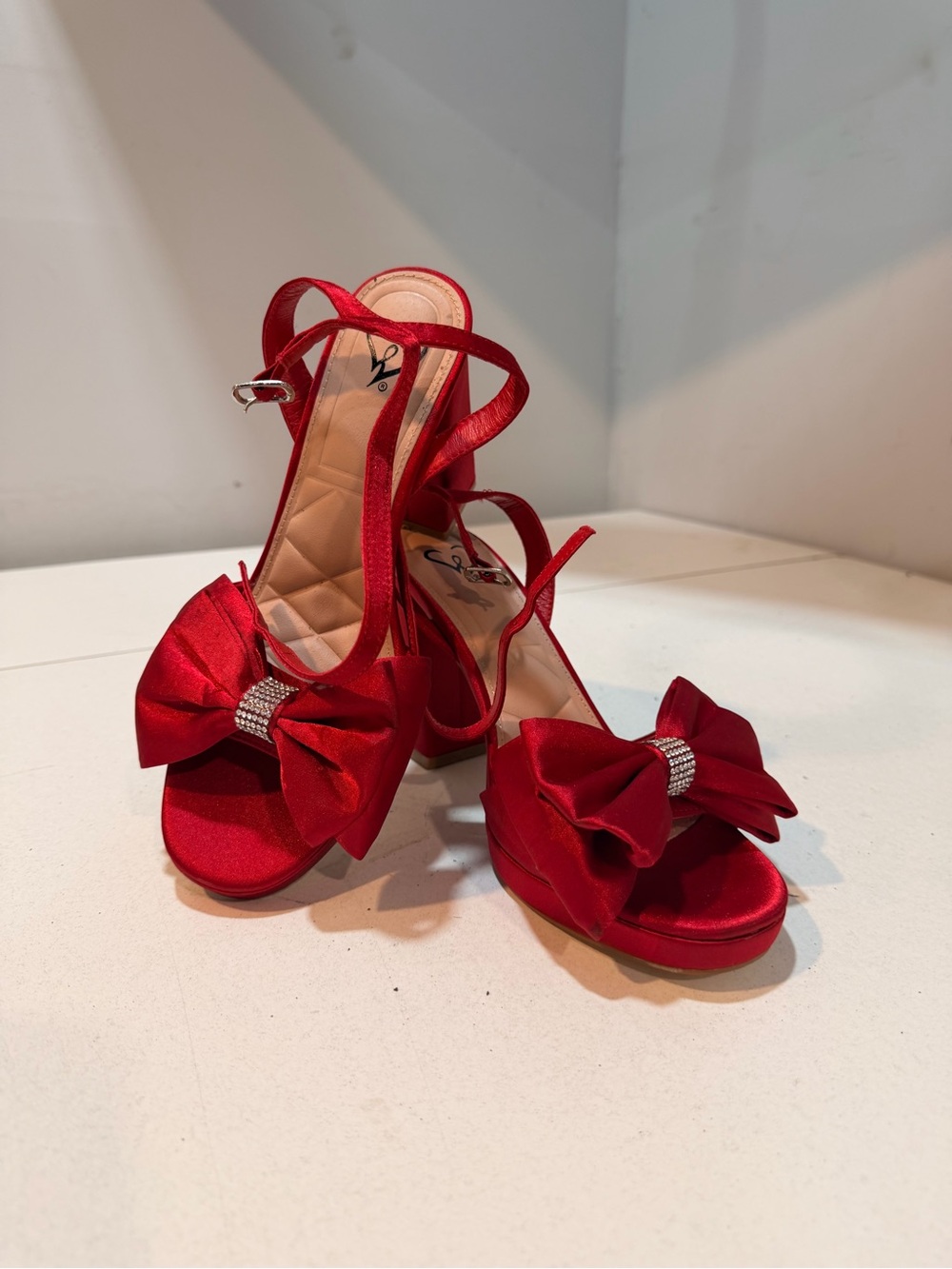 Windsor Red Satin Bow Slingback Heels with Crystal Detail
